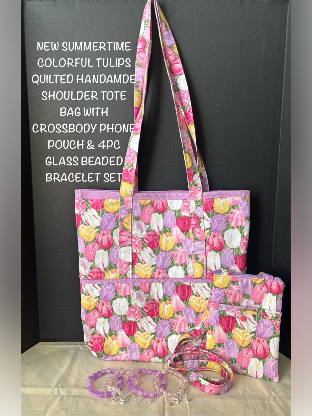 BRILLIANT LILAC  PINK YELLOW TULIPS QUILTED TOTE & PHONE POUCH WITH 4 BRACELETS